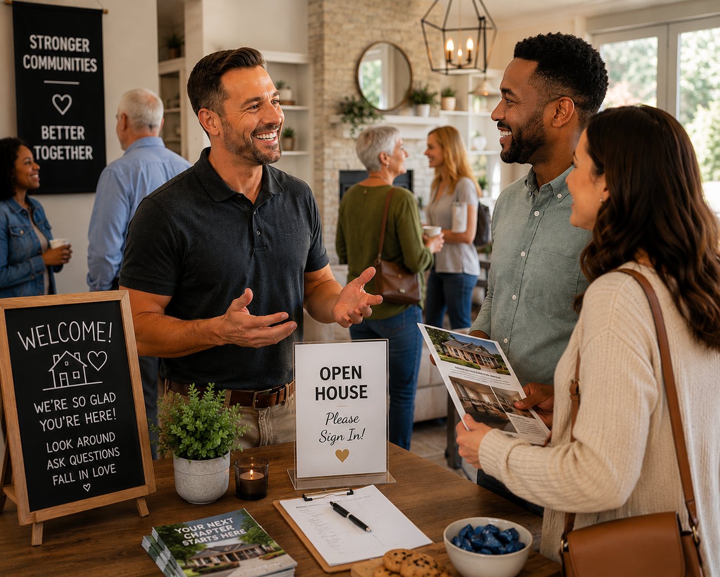 A real estate agent warmly welcoming guests at an open house community event, with a 'Welcome! We're so glad you're here' chalkboard, an 'Open House — Please Sign In' sign, and a 'Stronger Communities, Better Together' banner — the authentic, relationship-first way Day One Agent Academy agents build their business.
