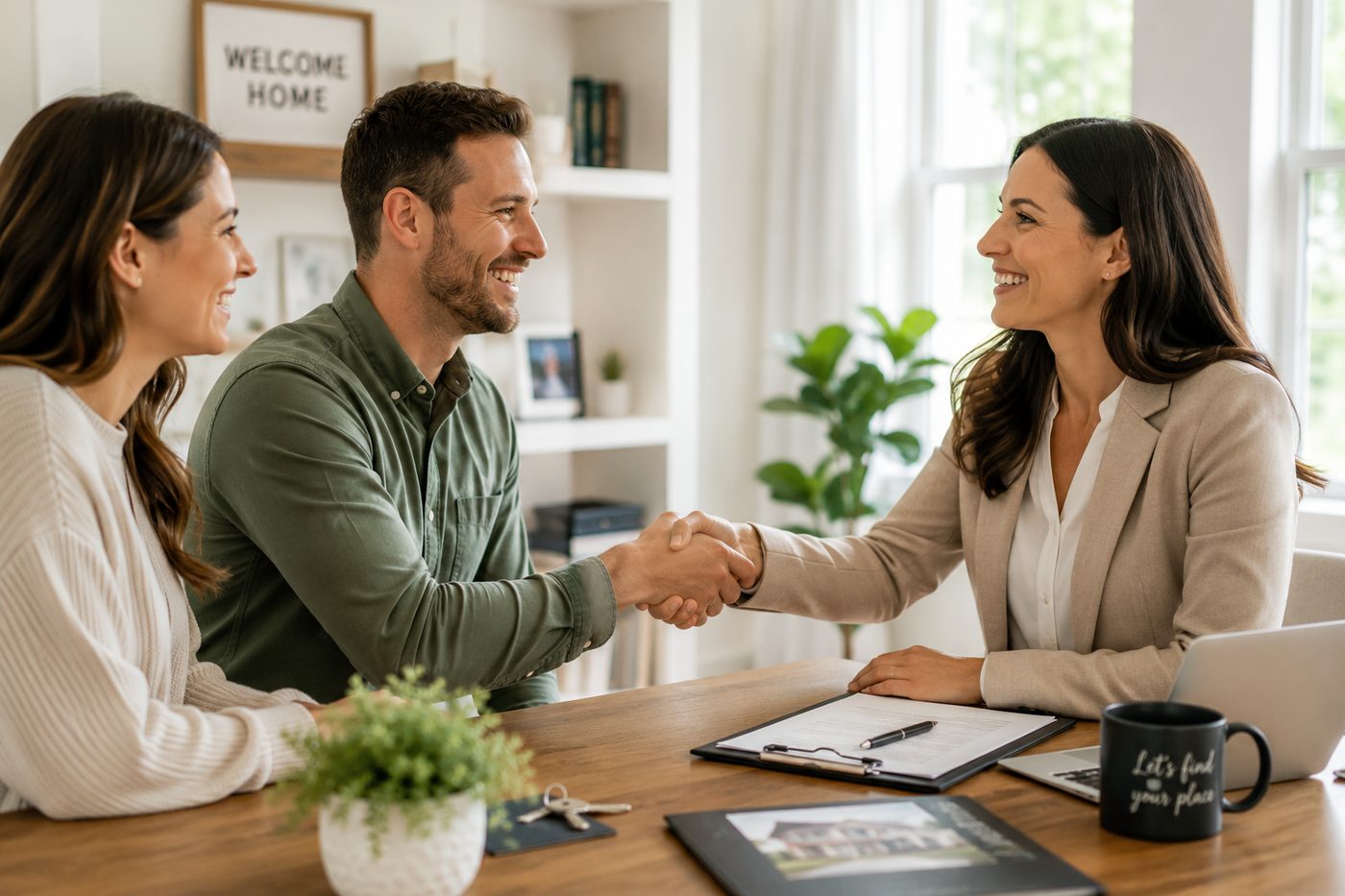 A professional real estate agent smiling and shaking hands with a happy young couple across a bright consultation table, a framed 'Welcome Home' sign in the background — relationship-based real estate coaching that turns genuine connections into clients and closings.