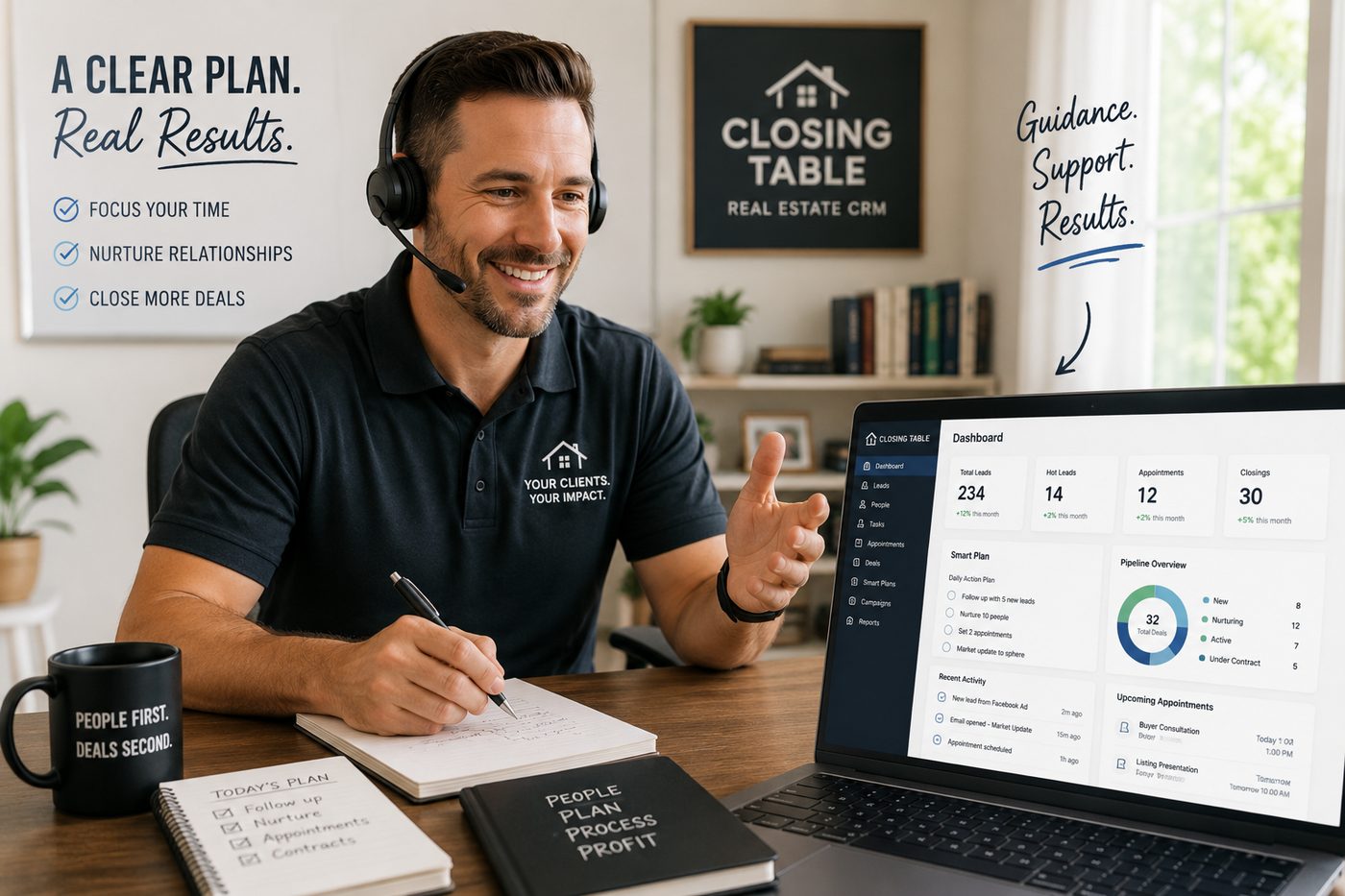 A smiling real estate coach on a headset coaching call, taking notes beside the Closing Table CRM dashboard on a laptop — 'A Clear Plan. Real Results.' with the guidance, support, and accountability of Day One Agent Academy.