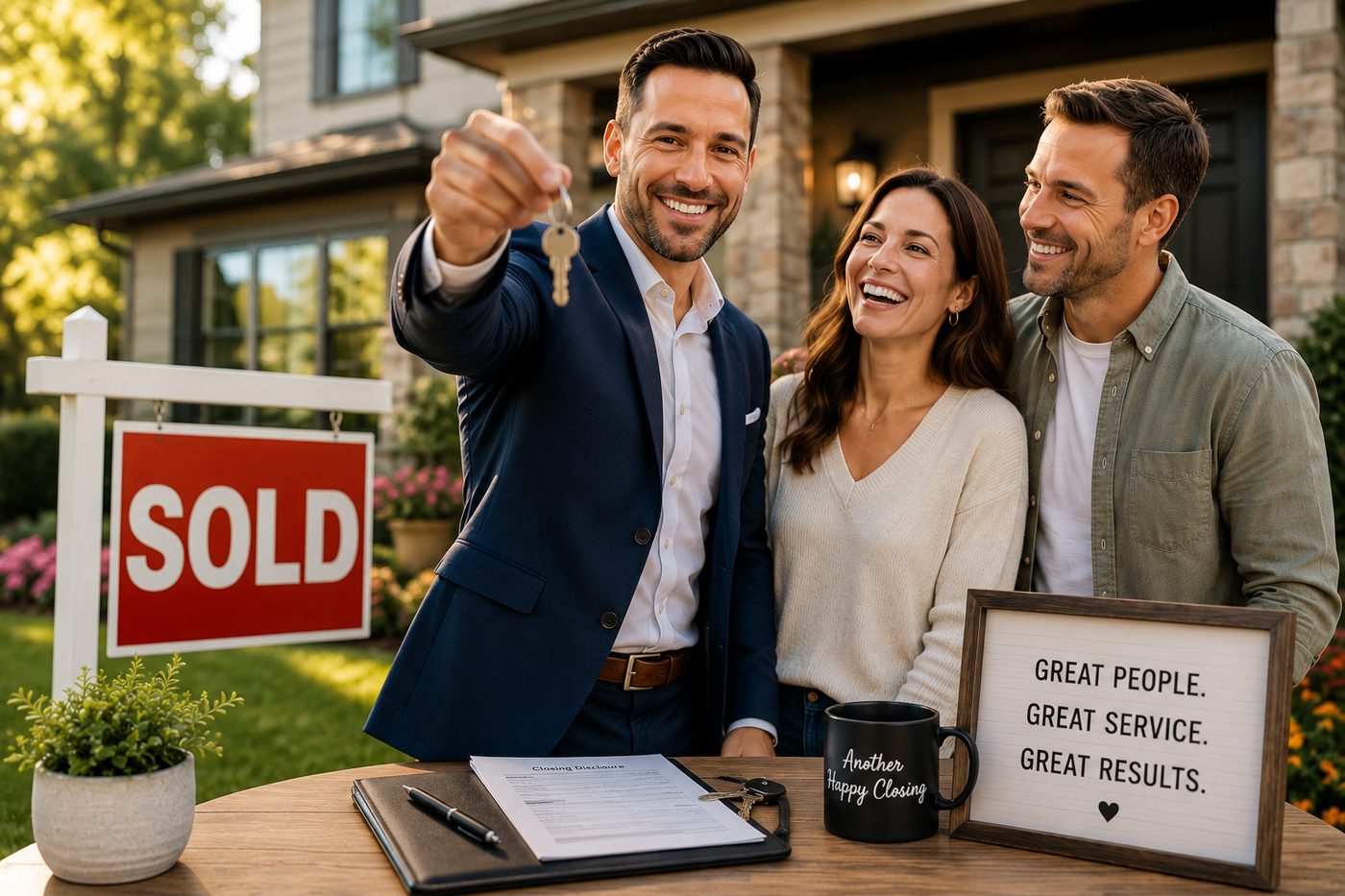 A confident real estate agent handing house keys to a delighted couple in front of their newly purchased home beside a SOLD sign — with a 'Great People. Great Service. Great Results.' sign and an 'Another Happy Closing' mug — the relationship-driven closings Day One Agent Academy agents create.