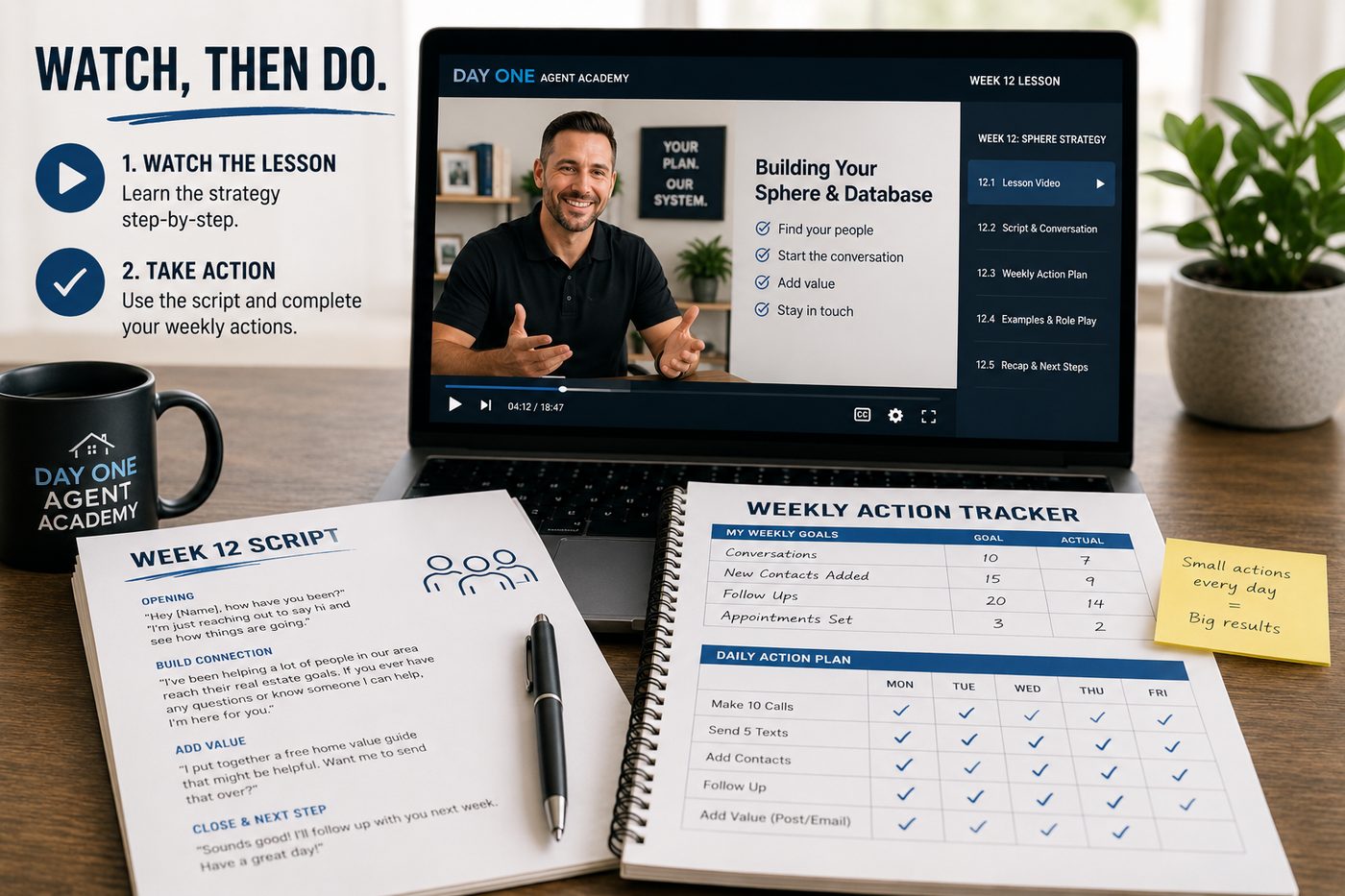 A Day One Agent Academy weekly lesson open on a laptop — a Week 12 'Building Your Sphere & Database' video — next to a printed weekly script and a Weekly Action Tracker, showing the 'watch, then do' format of the 26-week real estate coaching program.